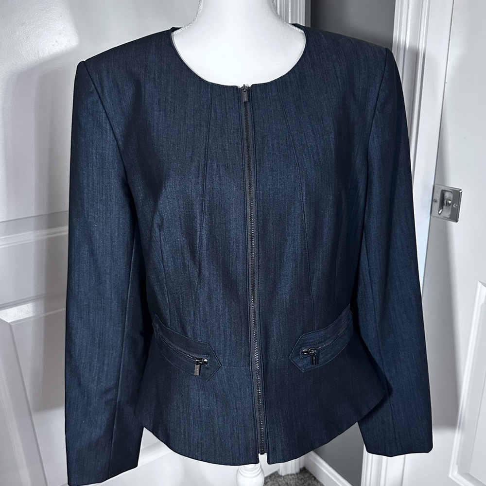 Calvin Klein Tailored Zip Front Blazer Peplum Back Career Jacket